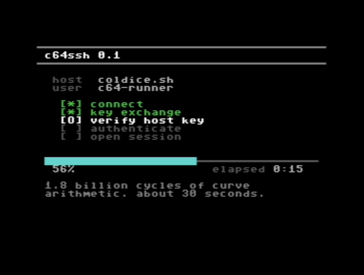 A Commodore 64 screen showing an SSH handshake in progress: host coldice.sh, user c64-runner, a checklist with connect and key exchange done and verify host key running, a progress bar at 56 percent, elapsed 0:15.