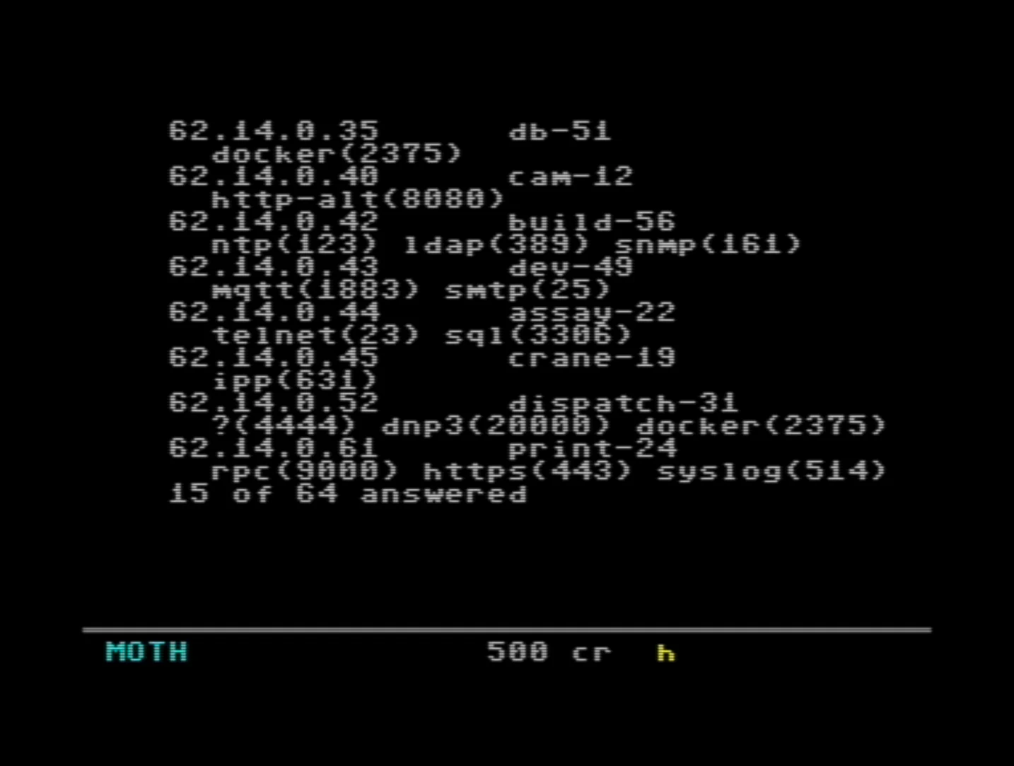 A Commodore 64 screen showing a network scan from the coldice.sh game: addresses such as 62.14.0.42 with hostnames like build-56 and open ports including ntp, ldap and snmp, then '15 of 64 answered'.